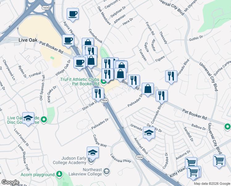 map of restaurants, bars, coffee shops, grocery stores, and more near 2909 Pat Booker Road in Universal City