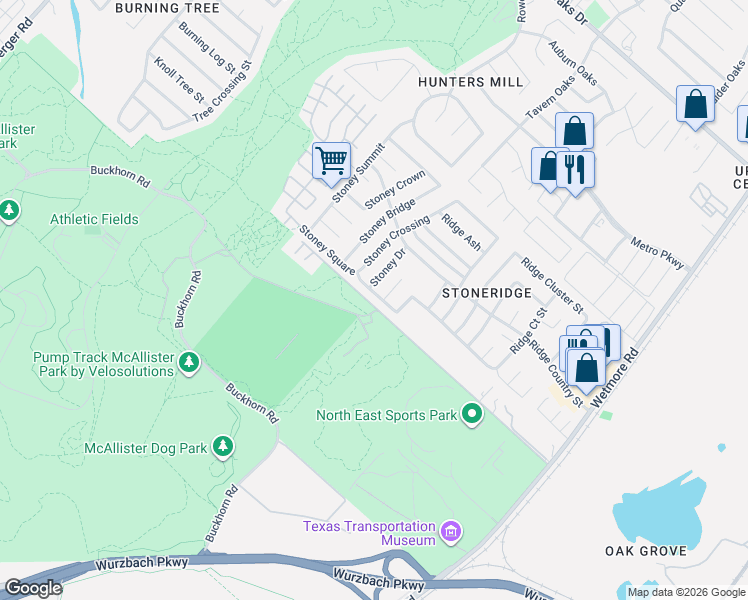 map of restaurants, bars, coffee shops, grocery stores, and more near 3430 Stoney Dawn in San Antonio