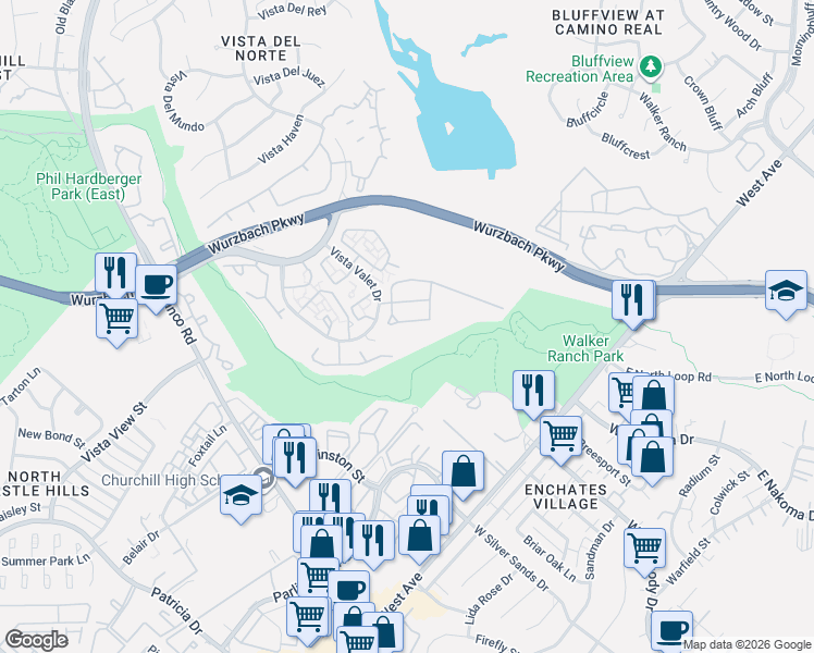 map of restaurants, bars, coffee shops, grocery stores, and more near 12719 Goldenrain Bay in San Antonio