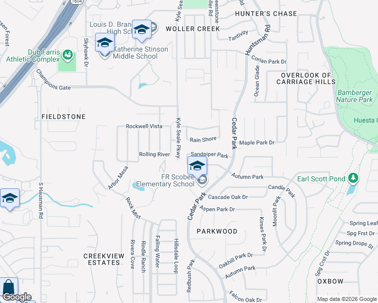 map of restaurants, bars, coffee shops, grocery stores, and more near 7926 Rain Shore in San Antonio