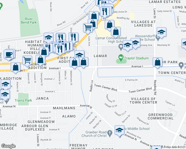 map of restaurants, bars, coffee shops, grocery stores, and more near 1143 Radio Lane in Rosenberg