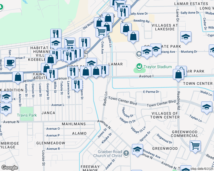 map of restaurants, bars, coffee shops, grocery stores, and more near 1137 Radio Lane in Rosenberg