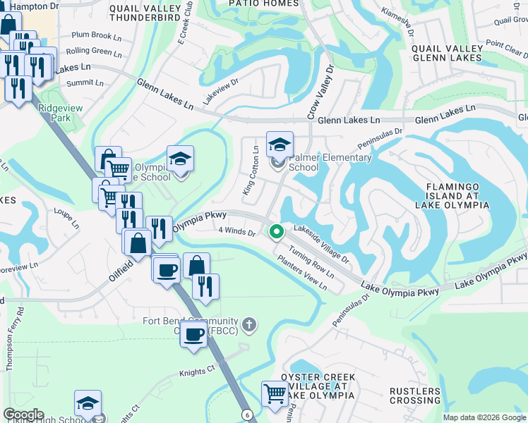 map of restaurants, bars, coffee shops, grocery stores, and more near 4326 Brights Bend in Missouri City
