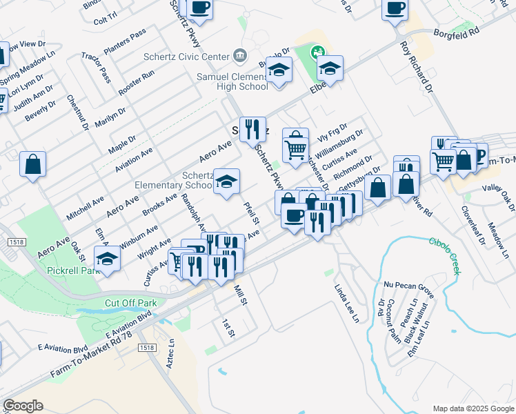 map of restaurants, bars, coffee shops, grocery stores, and more near Curtiss Avenue in Schertz