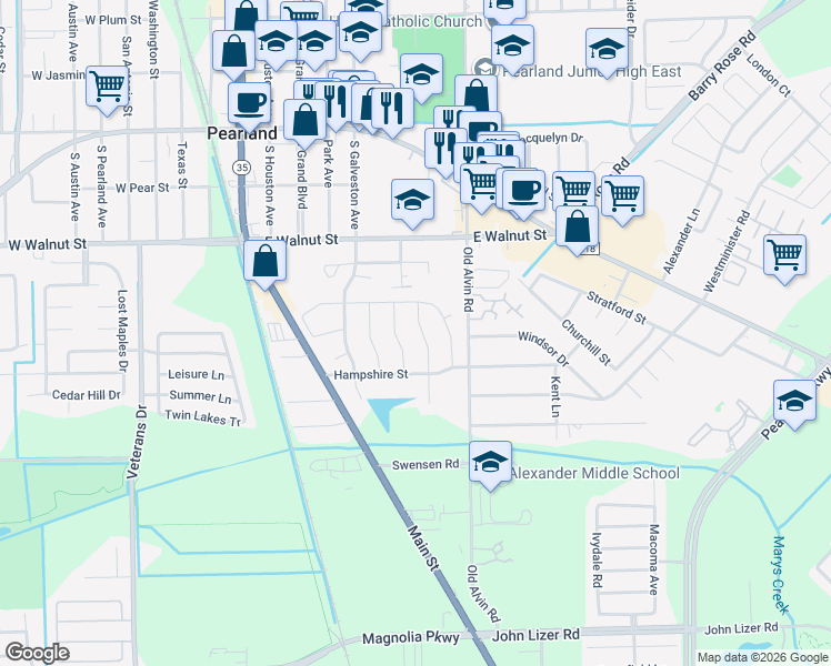 map of restaurants, bars, coffee shops, grocery stores, and more near 2705 Osprey Lane in Pearland
