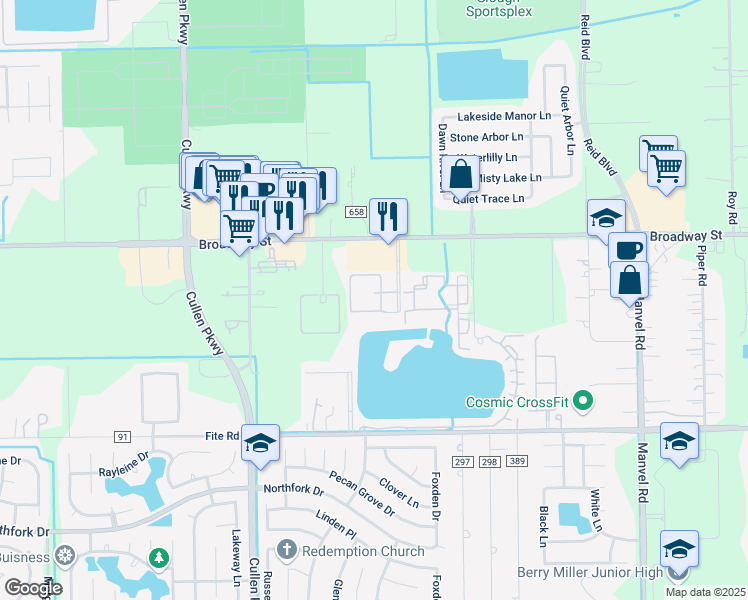 map of restaurants, bars, coffee shops, grocery stores, and more near 2800 Tranquility Lakes Boulevard in Pearland