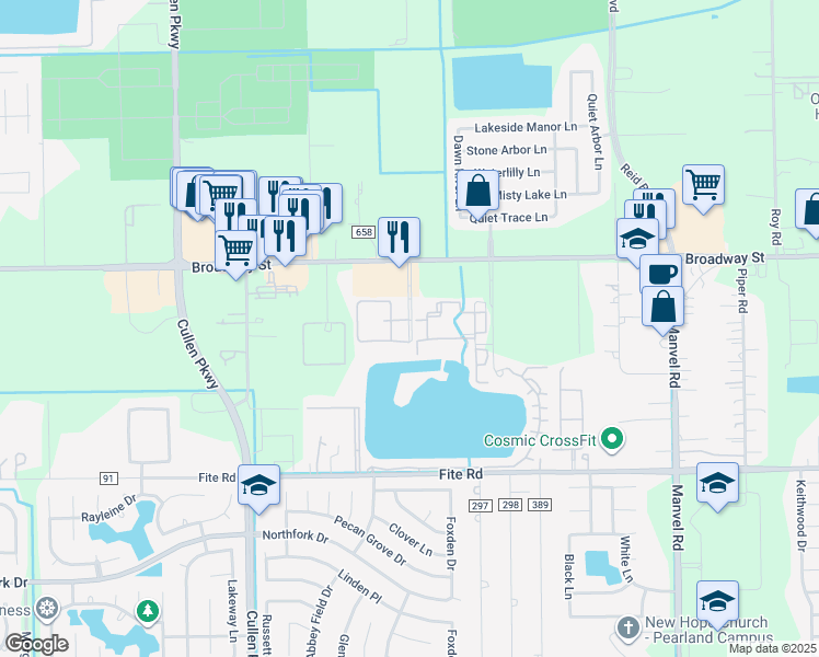 map of restaurants, bars, coffee shops, grocery stores, and more near 2801 Tranquility Lakes Boulevard in Pearland