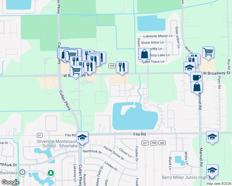 map of restaurants, bars, coffee shops, grocery stores, and more near 2800 Tranquility Lakes Boulevard in Pearland
