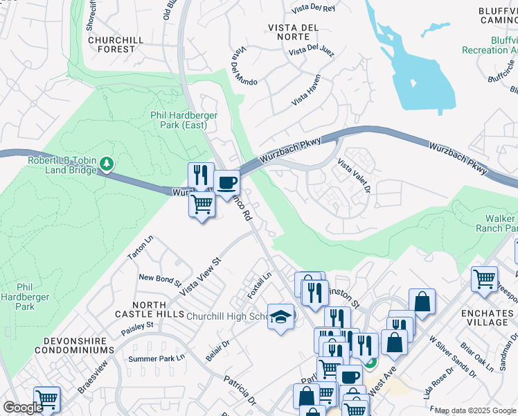 map of restaurants, bars, coffee shops, grocery stores, and more near 12626 Blanco Road in San Antonio
