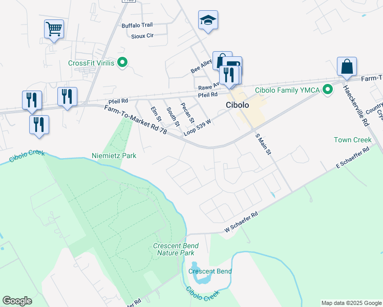 map of restaurants, bars, coffee shops, grocery stores, and more near West Farm to Market Road 78 in Cibolo