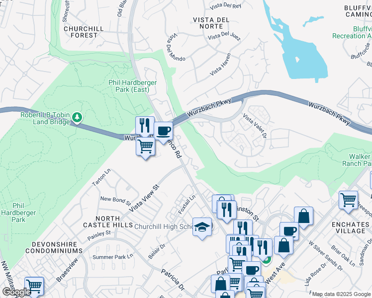 map of restaurants, bars, coffee shops, grocery stores, and more near 12626 Blanco Road in San Antonio