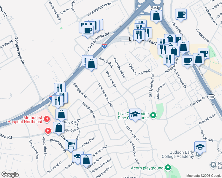 map of restaurants, bars, coffee shops, grocery stores, and more near 12903 Welcome Drive in San Antonio
