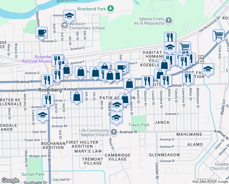 map of restaurants, bars, coffee shops, grocery stores, and more near 2618 U.S. 90 Alternate in Rosenberg