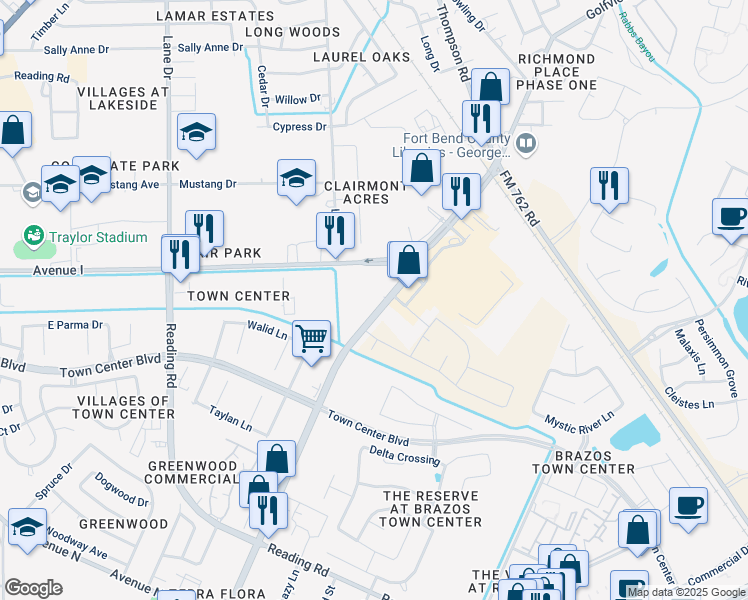 map of restaurants, bars, coffee shops, grocery stores, and more near 1400 B F Terry Boulevard in Richmond