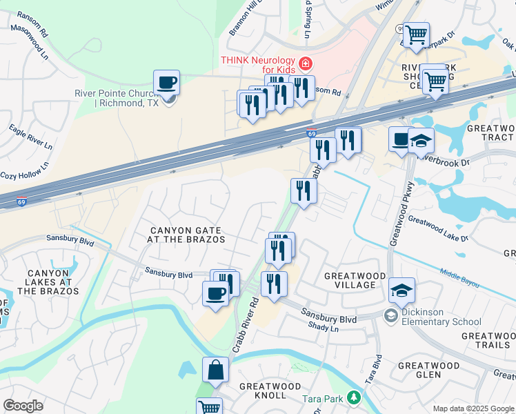 map of restaurants, bars, coffee shops, grocery stores, and more near 1611 Brazos Gate Drive in Richmond
