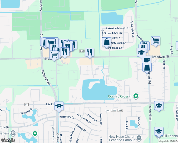 map of restaurants, bars, coffee shops, grocery stores, and more near 2800 Tranquility Lakes Boulevard in Pearland