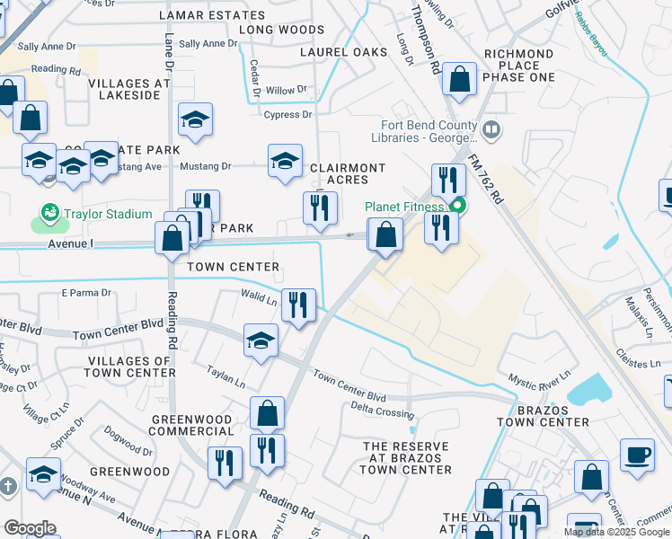 map of restaurants, bars, coffee shops, grocery stores, and more near 5820 Avenue I in Rosenberg