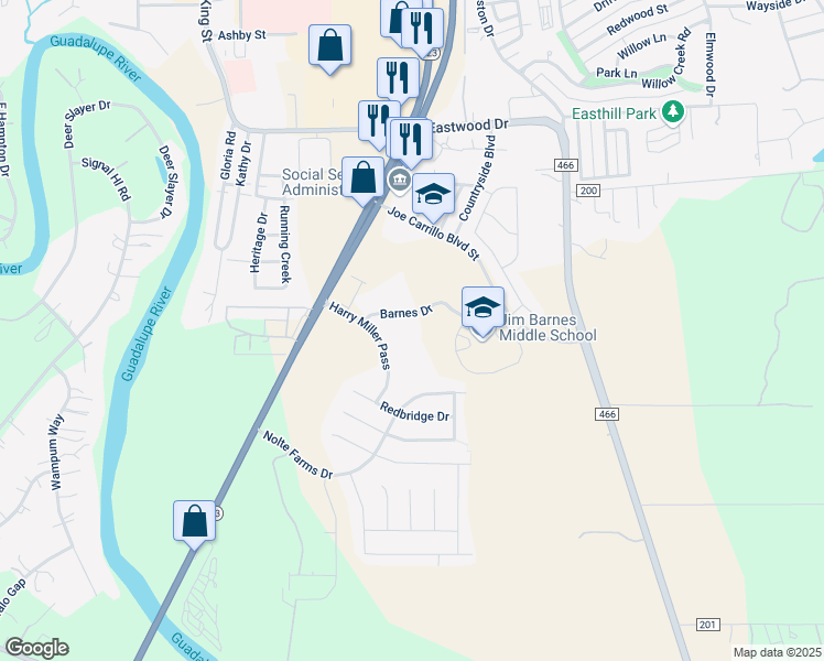 map of restaurants, bars, coffee shops, grocery stores, and more near 1439 Barnes Drive in Seguin