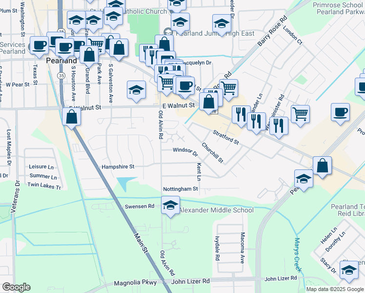 map of restaurants, bars, coffee shops, grocery stores, and more near 3403 Windsor Street in Pearland
