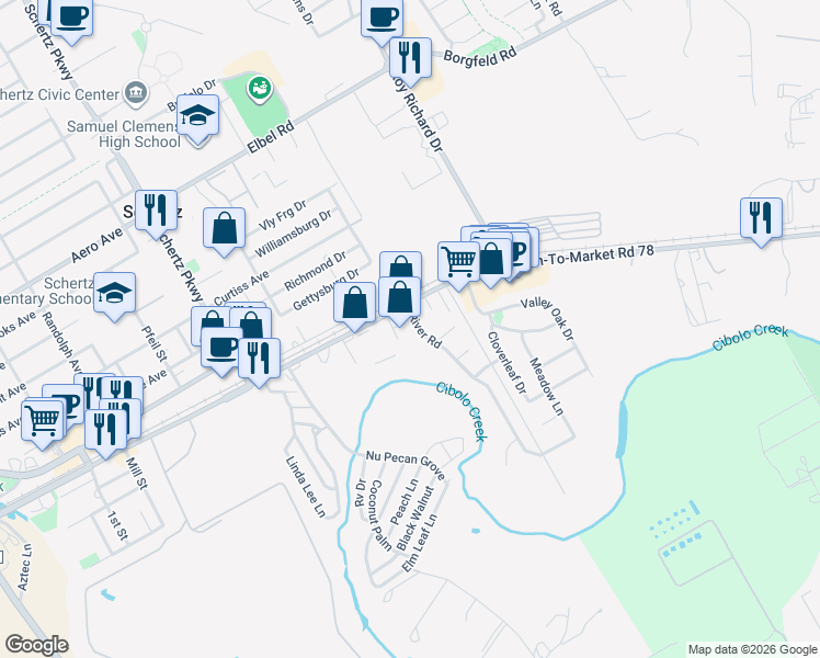 map of restaurants, bars, coffee shops, grocery stores, and more near 1090 Farm to Market Road 78 in Schertz