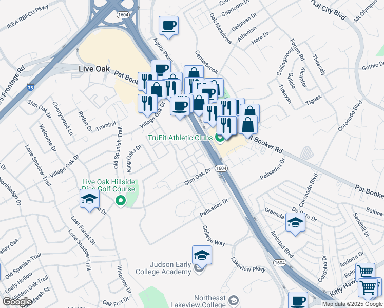 map of restaurants, bars, coffee shops, grocery stores, and more near 8101 Shin Oak Drive in Live Oak