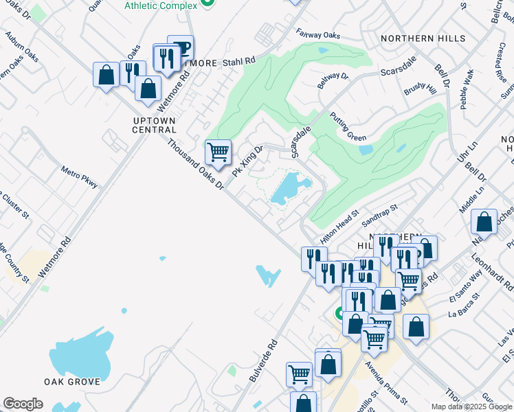 map of restaurants, bars, coffee shops, grocery stores, and more near 4031 Thousand Oaks Drive in San Antonio