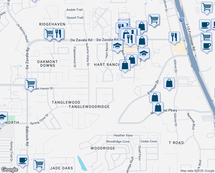 map of restaurants, bars, coffee shops, grocery stores, and more near 6010 Elk Valley in San Antonio