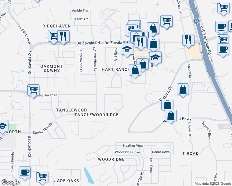 map of restaurants, bars, coffee shops, grocery stores, and more near 6010 Elk Valley in San Antonio