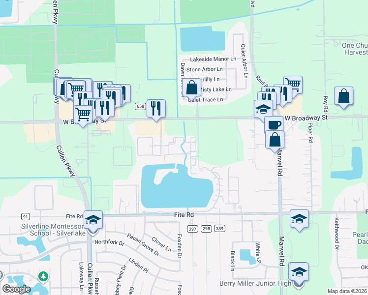 map of restaurants, bars, coffee shops, grocery stores, and more near 2850 Oak Road in Pearland