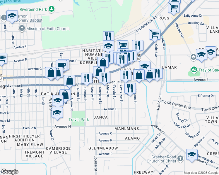 map of restaurants, bars, coffee shops, grocery stores, and more near 1115 Millie Street in Rosenberg