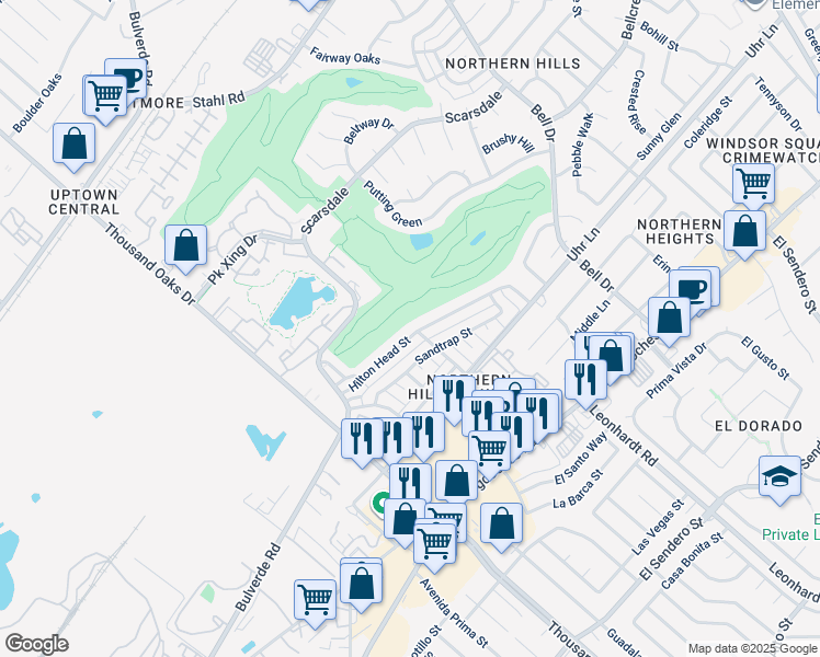 map of restaurants, bars, coffee shops, grocery stores, and more near 4283 Hilton Head Street in San Antonio