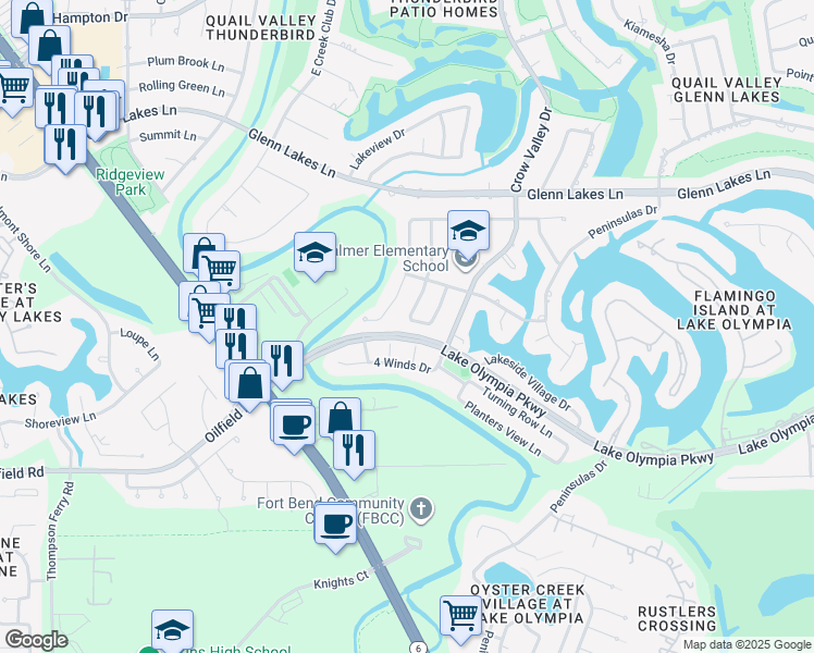 map of restaurants, bars, coffee shops, grocery stores, and more near 4343 Palmer Plantation Drive in Missouri City