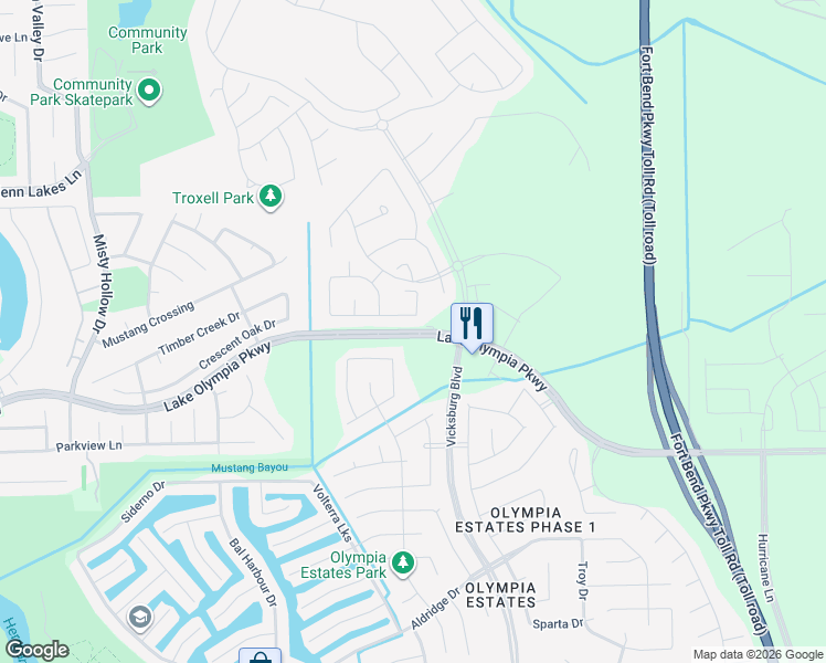 map of restaurants, bars, coffee shops, grocery stores, and more near Lake Olympia Parkway in Missouri City