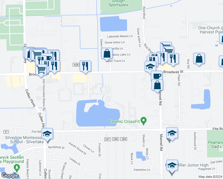 map of restaurants, bars, coffee shops, grocery stores, and more near 2850 Oak Road in Pearland
