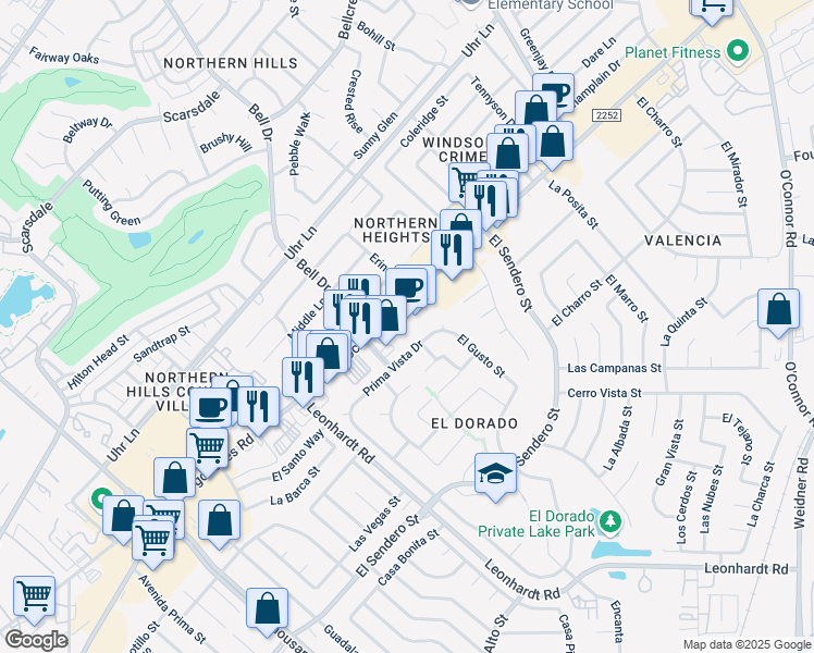 map of restaurants, bars, coffee shops, grocery stores, and more near 12822 Nacogdoches Road in San Antonio