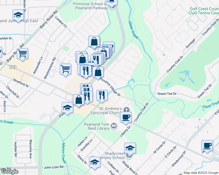map of restaurants, bars, coffee shops, grocery stores, and more near 2915 Province Village Drive in Pearland