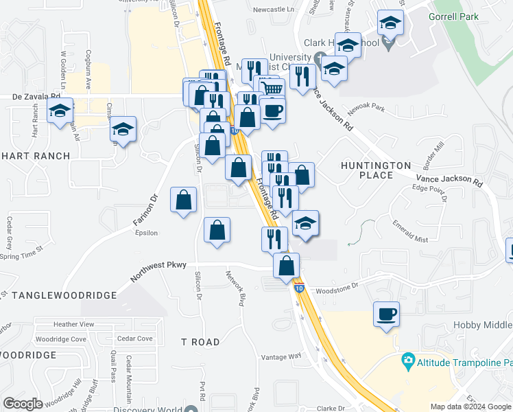 map of restaurants, bars, coffee shops, grocery stores, and more near 12200 Interstate 10 in San Antonio