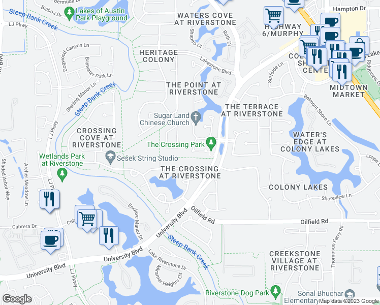 map of restaurants, bars, coffee shops, grocery stores, and more near 4603 Collington Court in Missouri City