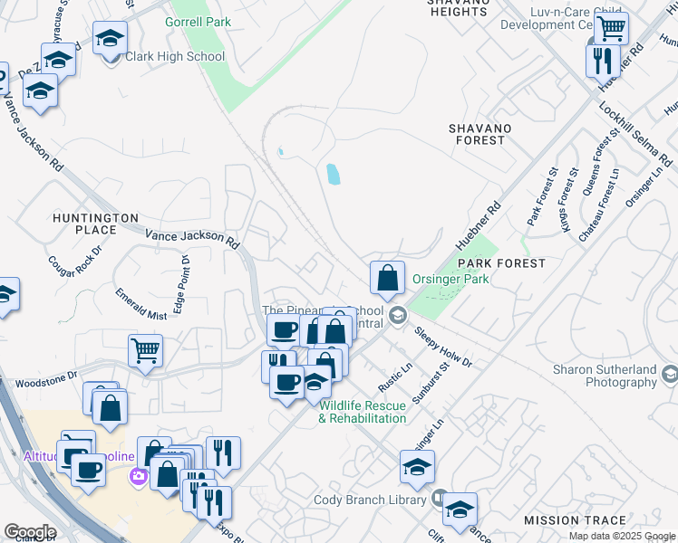 map of restaurants, bars, coffee shops, grocery stores, and more near 12411 Petite Lane in San Antonio