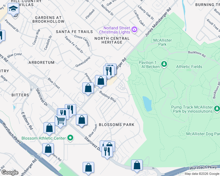 map of restaurants, bars, coffee shops, grocery stores, and more near 12302 Ashley Place in San Antonio