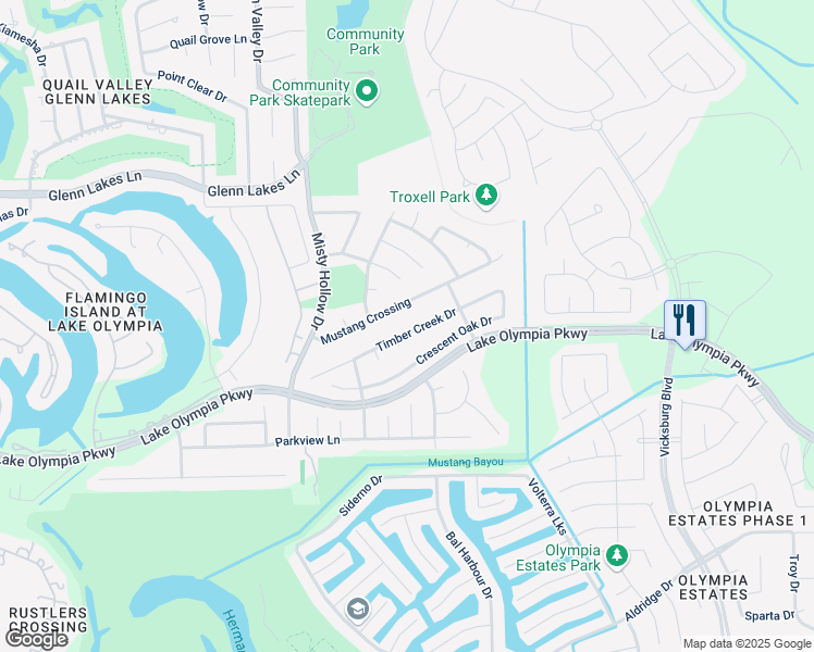map of restaurants, bars, coffee shops, grocery stores, and more near 1707 Mustang Crossing in Missouri City