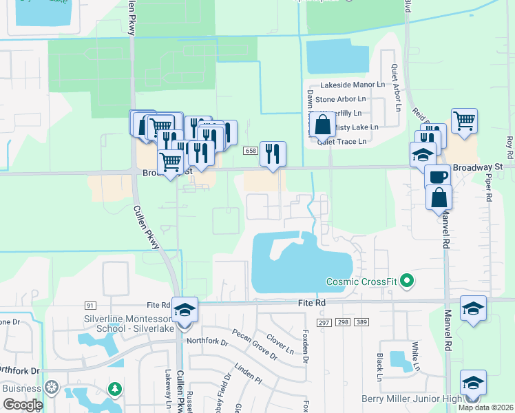 map of restaurants, bars, coffee shops, grocery stores, and more near 2800 Tranquility Lakes Boulevard in Pearland