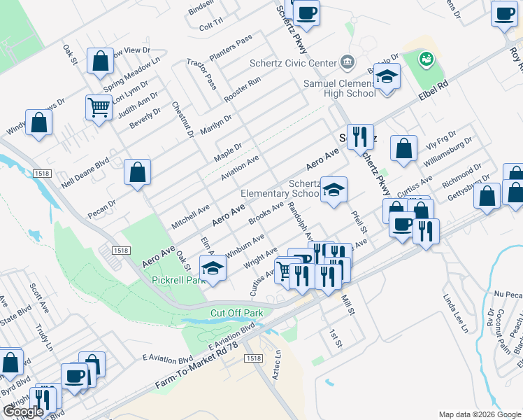 map of restaurants, bars, coffee shops, grocery stores, and more near 412 Aero Avenue in Schertz