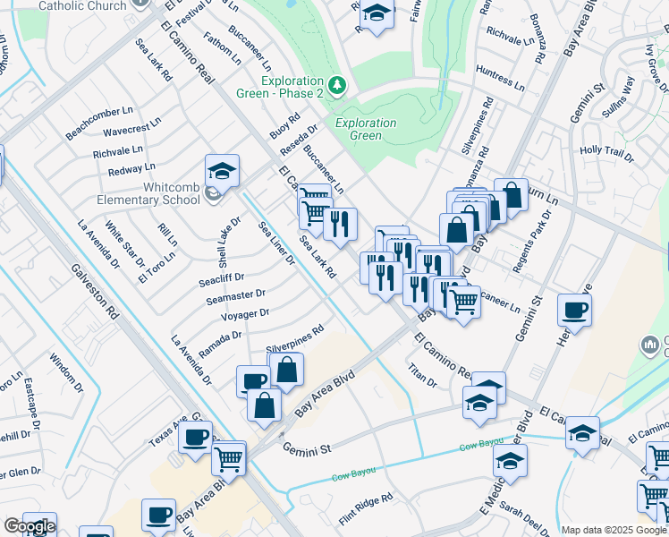 map of restaurants, bars, coffee shops, grocery stores, and more near 16516 El Camino Real in Houston