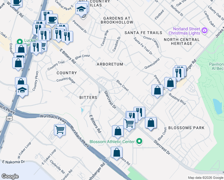 map of restaurants, bars, coffee shops, grocery stores, and more near 12474 Starcrest Drive in San Antonio