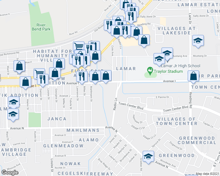 map of restaurants, bars, coffee shops, grocery stores, and more near 1116 Radio Lane in Rosenberg