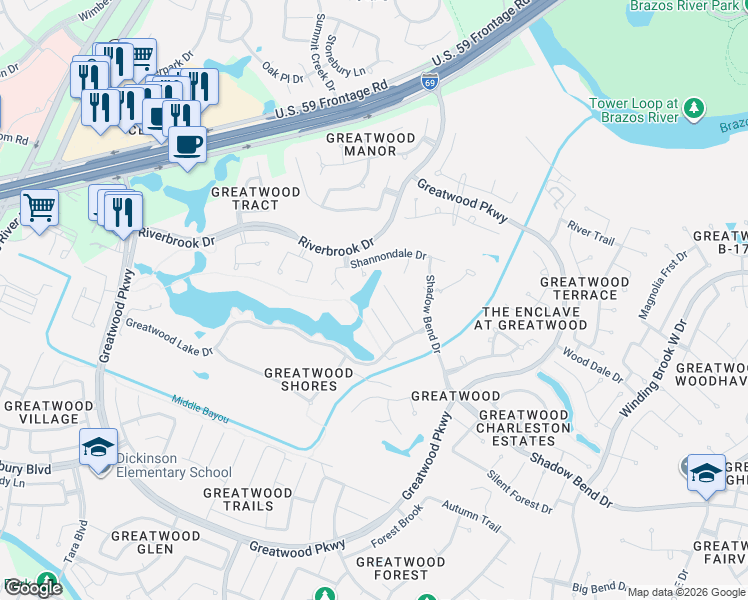 map of restaurants, bars, coffee shops, grocery stores, and more near 7515 Dawn Mist Court in Sugar Land