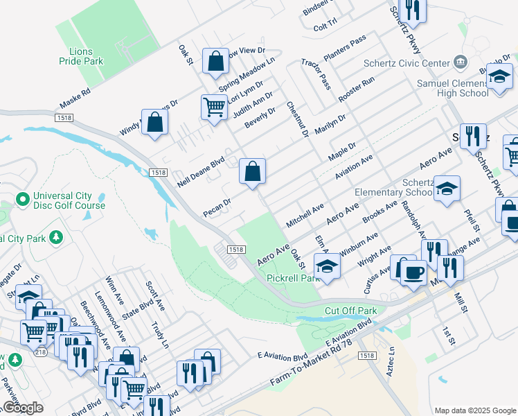 map of restaurants, bars, coffee shops, grocery stores, and more near 202 Maple Drive in Schertz