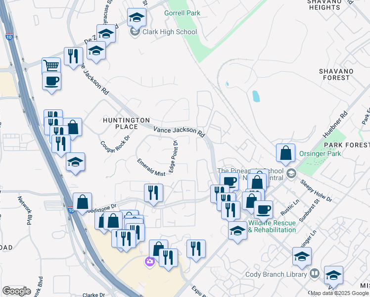 map of restaurants, bars, coffee shops, grocery stores, and more near 13930 Edge Point Drive in San Antonio