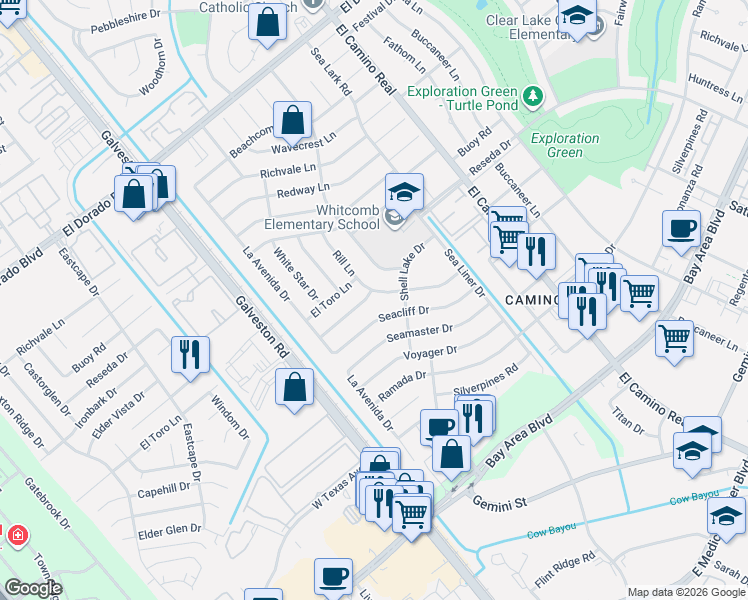 map of restaurants, bars, coffee shops, grocery stores, and more near 816 Seafoam Road in Houston